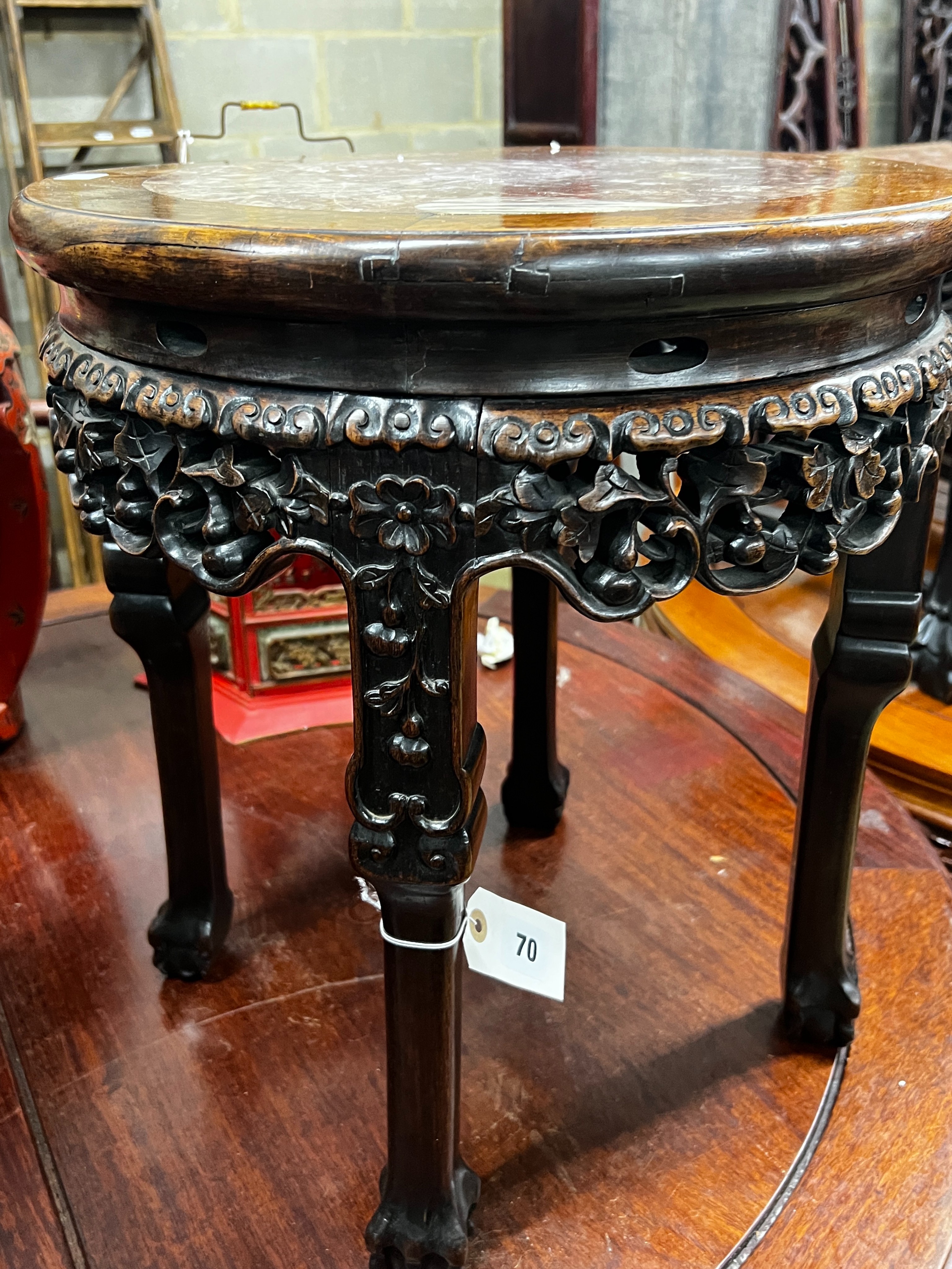 A Chinese circular marble top hongmu vase stand, diameter 41cm, height 48cm